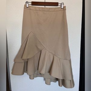 Banana Republic Asymmetric Curved Flounced Midi Skirt in Khaki, Size 2